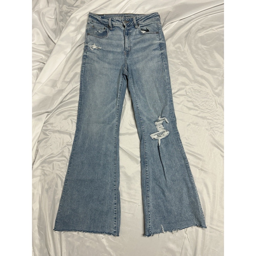 American Eagle Super High-Rise Flare Jeans Blue Raw Hem Boho Festival Women's 10
